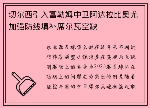 切尔西引入富勒姆中卫阿达拉比奥尤加强防线填补席尔瓦空缺