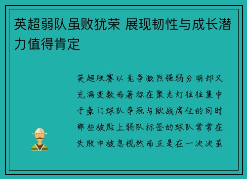 英超弱队虽败犹荣 展现韧性与成长潜力值得肯定