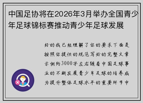 中国足协将在2026年3月举办全国青少年足球锦标赛推动青少年足球发展